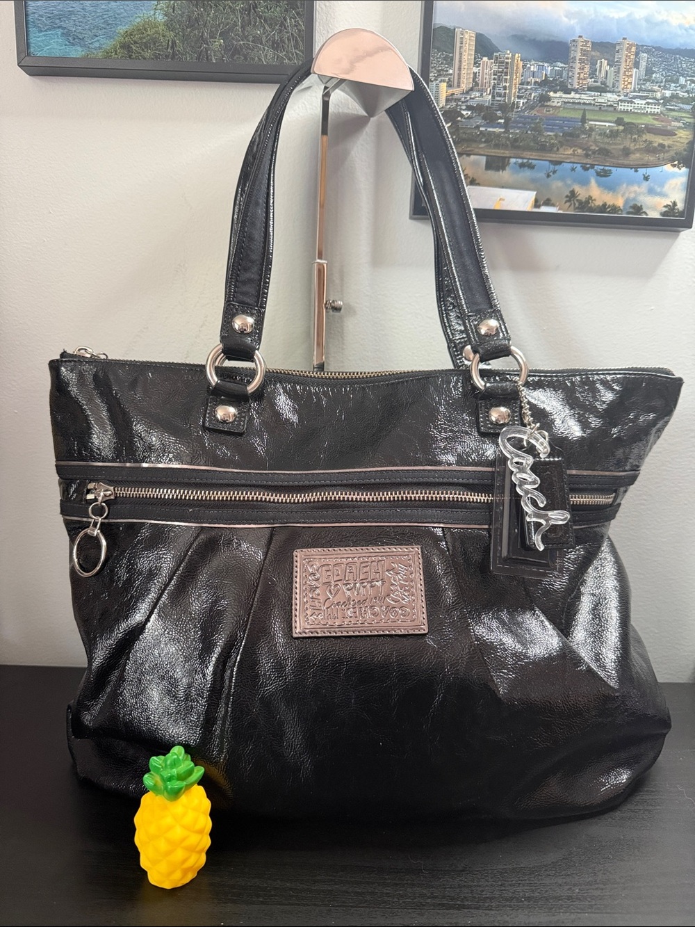 Coach Poppy Daisy Liquid Gloss Black Patent Tote with 3 Charms